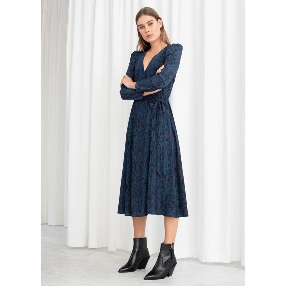 & Other Stories Blue Wood Jacquard Midi Wrap Dress Modern Romantic Artsy Size 4